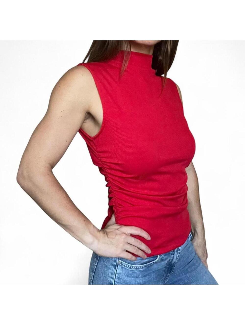 Red Mock Neck Tank with Ruched Detail.